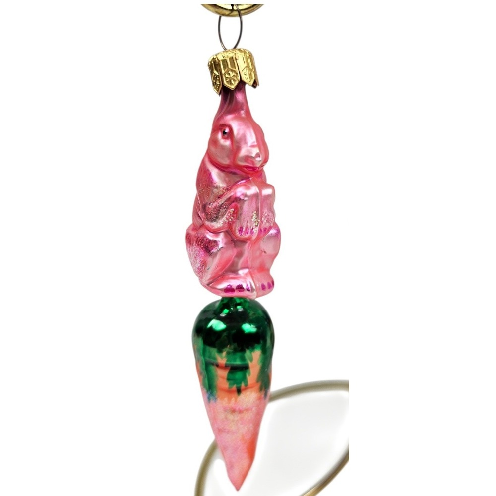 Rare Vtg Christopher Radko Pink Bunny‎ Hop w/ Carrot Glass Ornament